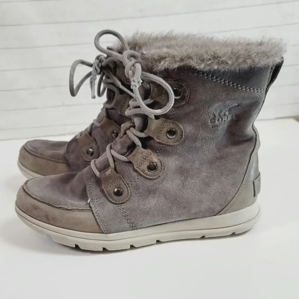 Sorel Explorer Joan Shearling Waterproof Suede Leather Bootie in Gray, sz 9.5